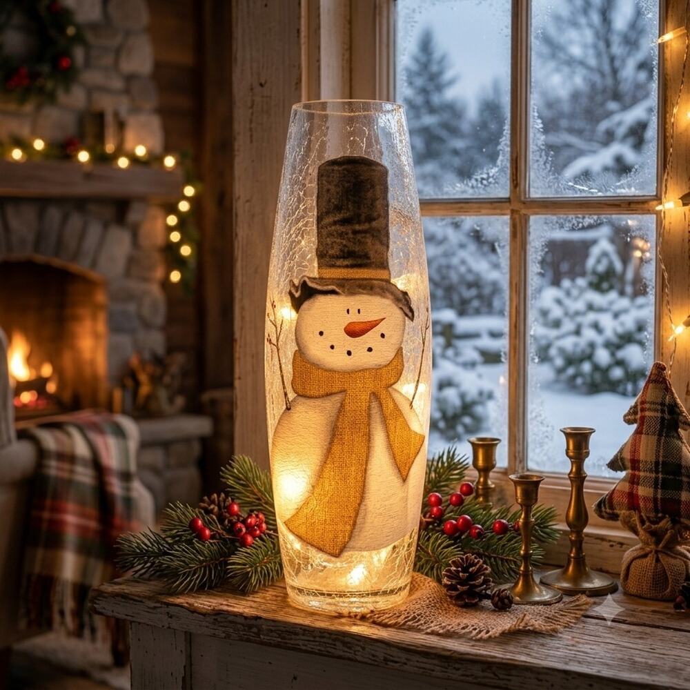 Pier 1 Imports Snowman Glass Hurricane Lamp Christmas Cottage Whimsical Country
